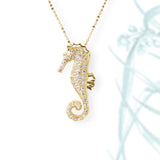 White Sapphires 14k Gold Plated Large Seahorse Pendant Necklace